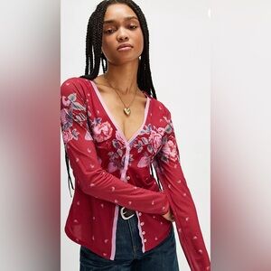 Free People Red Floral Cardigan
